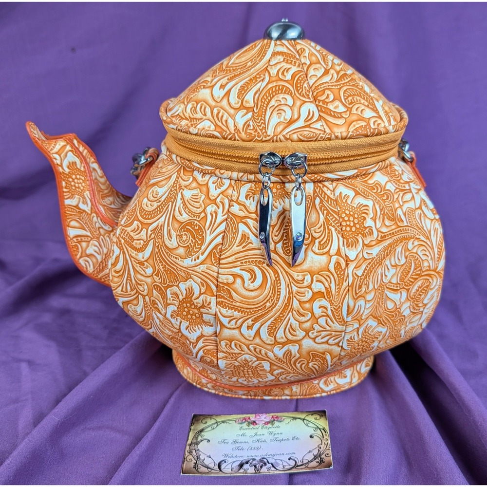 Shoulder Bag Orange Teapot Shape Chain Hand Strap Zip Closure Embossed Flowers